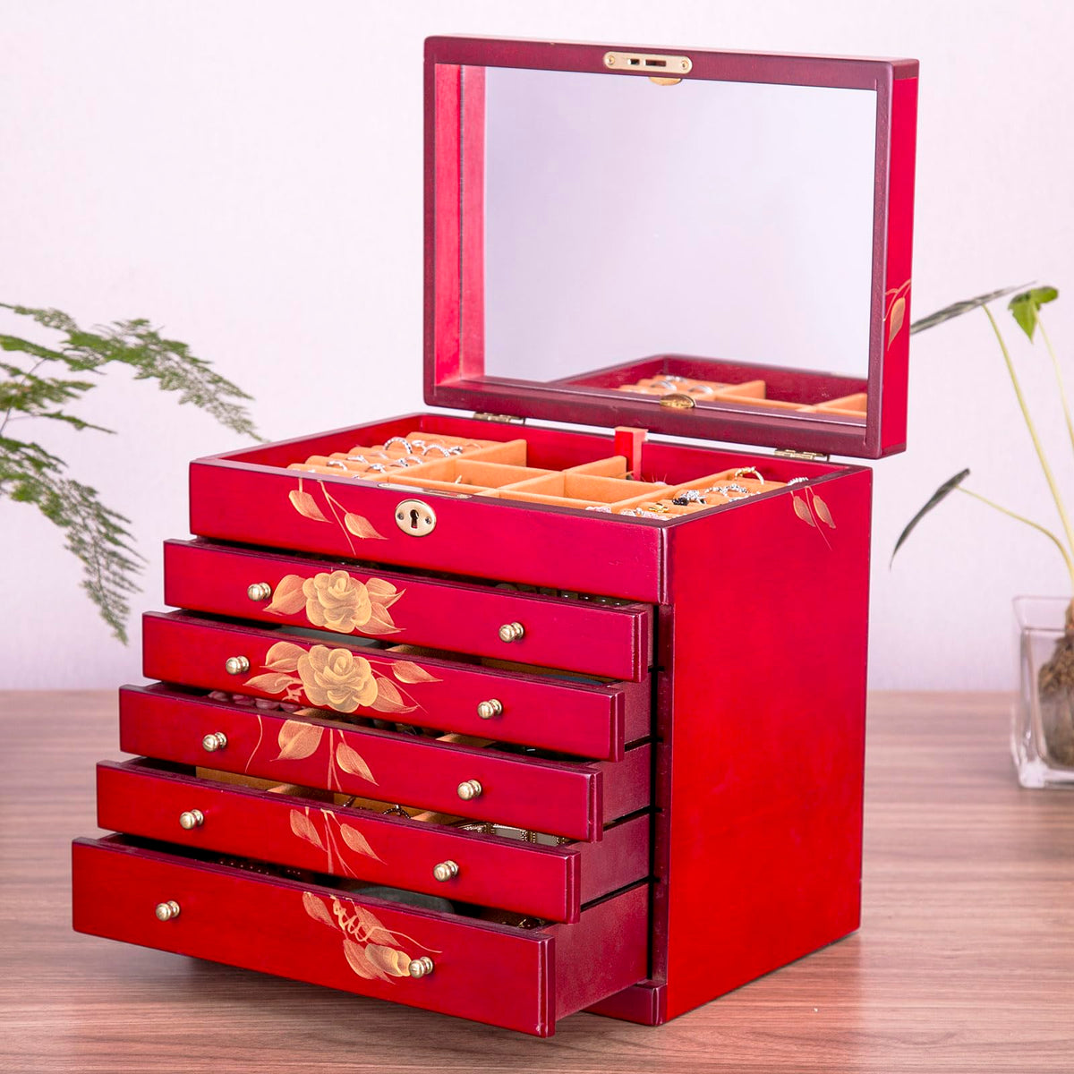 Red Rose Hand-Painted Wooden Jewelry Box — view 2