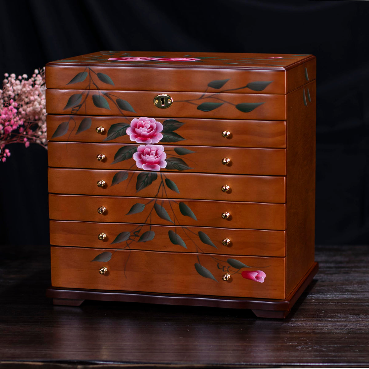 Curved Rose Hand-Painted Wooden Jewelry Cabinet — view 2
