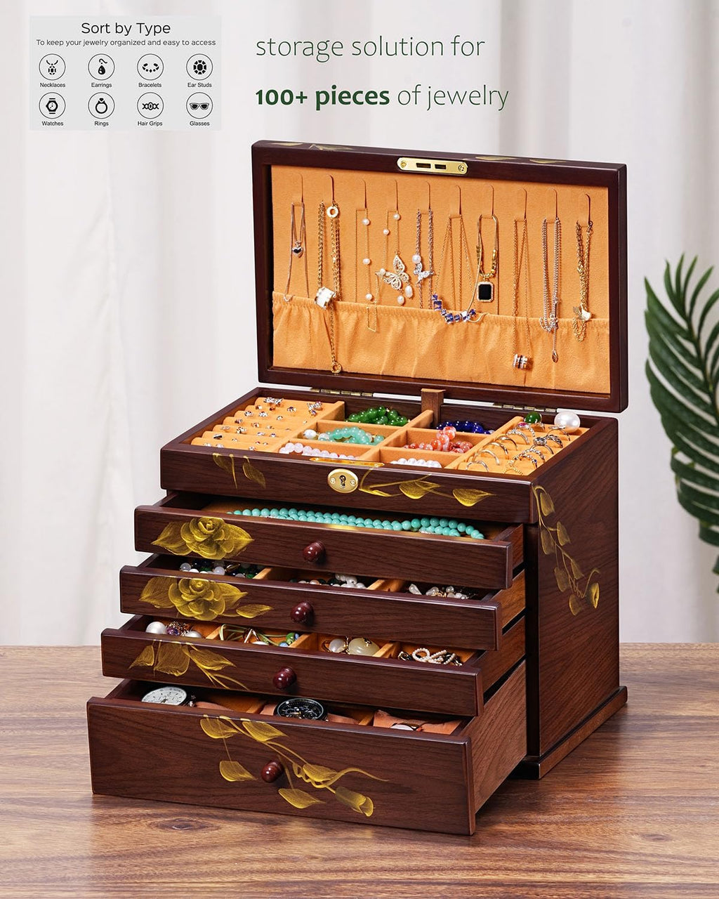 Rose Hand-Painted Wooden Jewelry Box — view 4