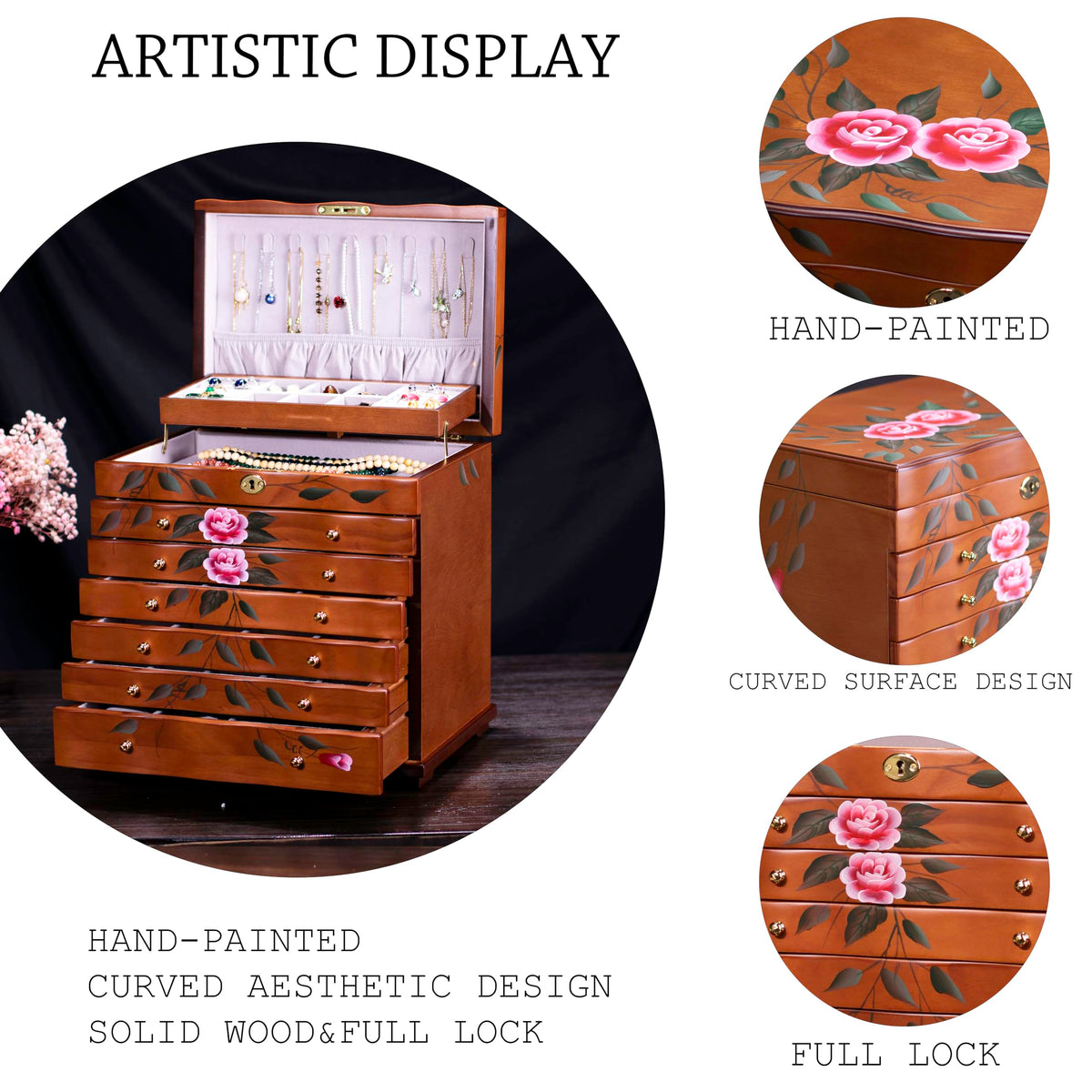 Curved Rose Hand-Painted Wooden Jewelry Cabinet — view 5