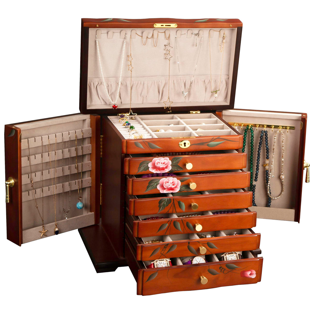 Three-Door Hand-Painted Wooden Jewelry Cabinet